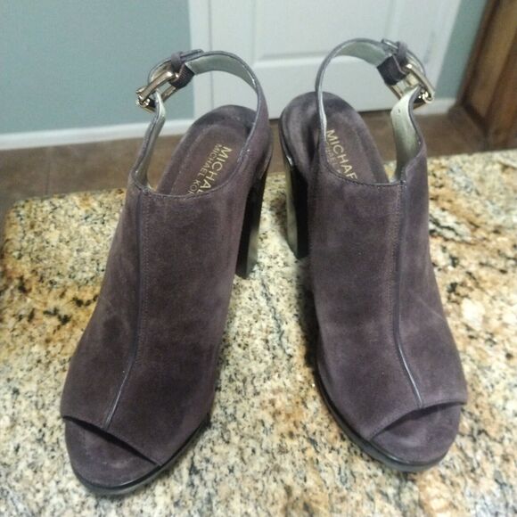 Michael Kors Chunky High Heels Brown Suede Leather Buckle Back Mules Womens 8 - Picture 2 of 12